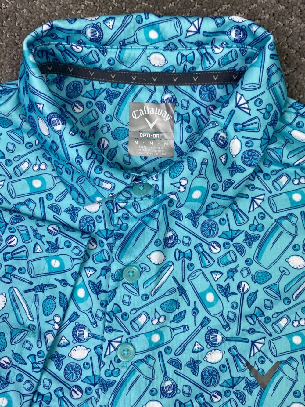 Callaway Polo Shirt Mens Medium Blue Tropical Cocktail All Over Print Golf